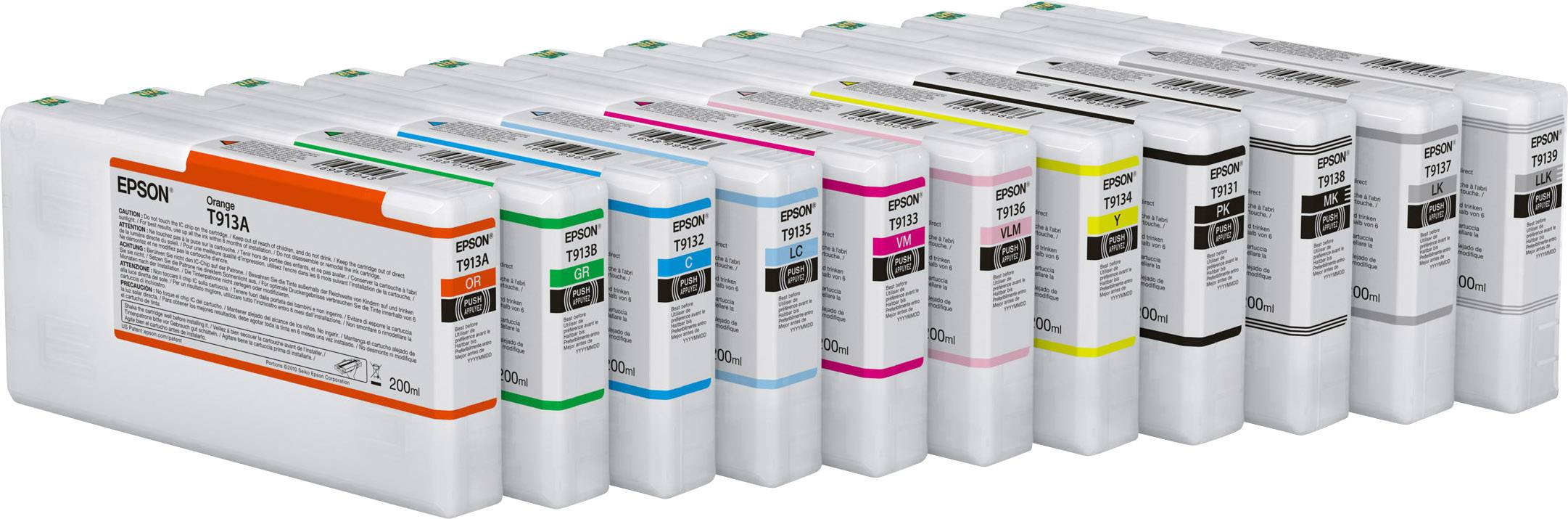 Mehrere Epson-Druckerpatronen in verschiedenen Farben, in einer Reihe angeordnet, mit klar sichtbaren Etiketten und Farbcodes.
