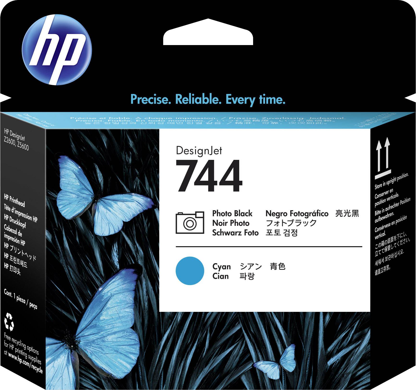 Verpackung einer HP 744 Tintenpatrone in Cyan. Abgebildet sind blaue Schmetterlinge auf dunklem Hintergrund. Text: 'Precise. Reliable. Every time.'