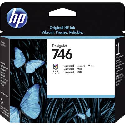 Eine Verpackung für HP DesignJet 746 Tinte, Universal, mit blauen Schmetterlingen auf schwarzem Hintergrund.