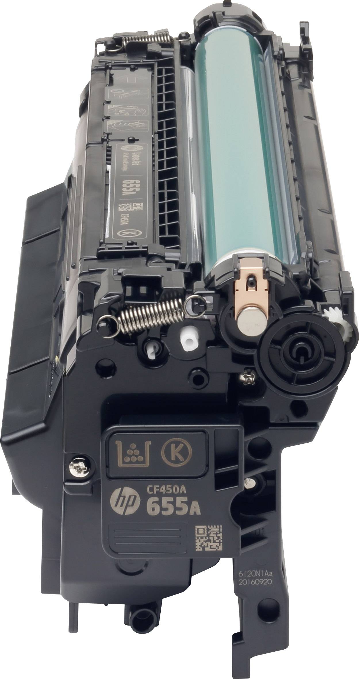 Tonerpatrone HP CF450A 655A in Schwarz, zylindrische Form, passend für Laserdrucker, zeigt Druckkapazität und Modellnummer.