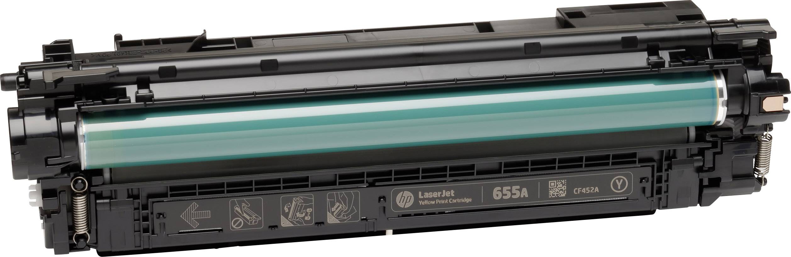 Eine schwarze Tonerkartusche mit grüner Trommel, seitlich liegend. Geeignet für Laserdrucker, zeigt mehrere Piktogramme zur Verwendung.