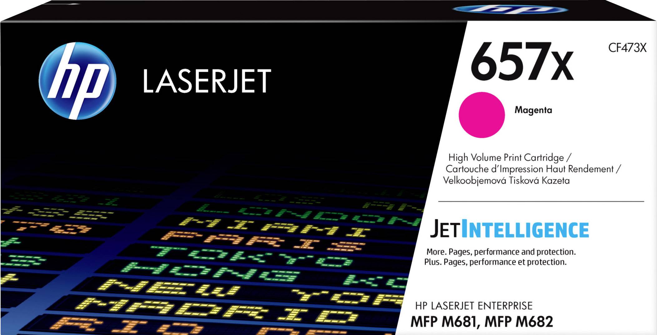 HP LaserJet Tonerkartusche 657X in Magenta, kompatibel mit MFP M681, MFP M682. Hervorhebung von 'JetIntelligence' für Leistungsschutz.