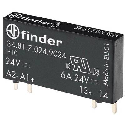 Elektronisches Relais mit der Aufschrift 'finder 34.81.7.024.9024, 24V, 6A'. Vier Pins unten, Made in EU-01.