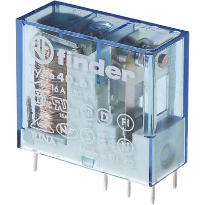 Blaues elektromechanisches Relais mit der Beschriftung 'Finder Type 40.61', 16A, 250V. Zeigt Spule und silberne Kontakte im Gehäuse.