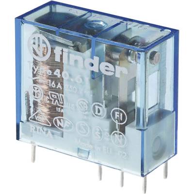 Ein blauer elektromechanischer Relais mit der Aufschrift 'Finder Typ 40.61', 16A 250V~, zeigt innere Komponenten und Steckerstifte.