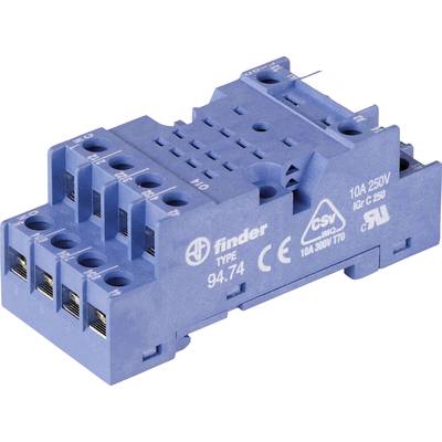 Ein blauer elektrischer Steckrelais-Sockel von Finder, Typ 94.74, mit technischen Spezifikationen aufgedruckt.