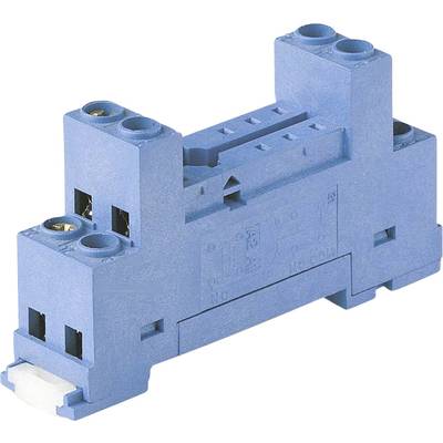 Ein blauer elektrischer Stecksockel mit mehreren Anschlussstellen, verwendet zur Montage auf einer DIN-Schiene in elektrischen Schaltanlagen.