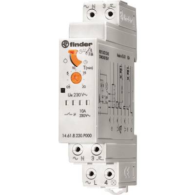 Elektronisches Zeitrelais von Finder, Modell 14.61, für DIN-Schienenmontage; Spannung 230V AC, Zeitbereich einstellbar von 0,05 bis 15 Minuten.