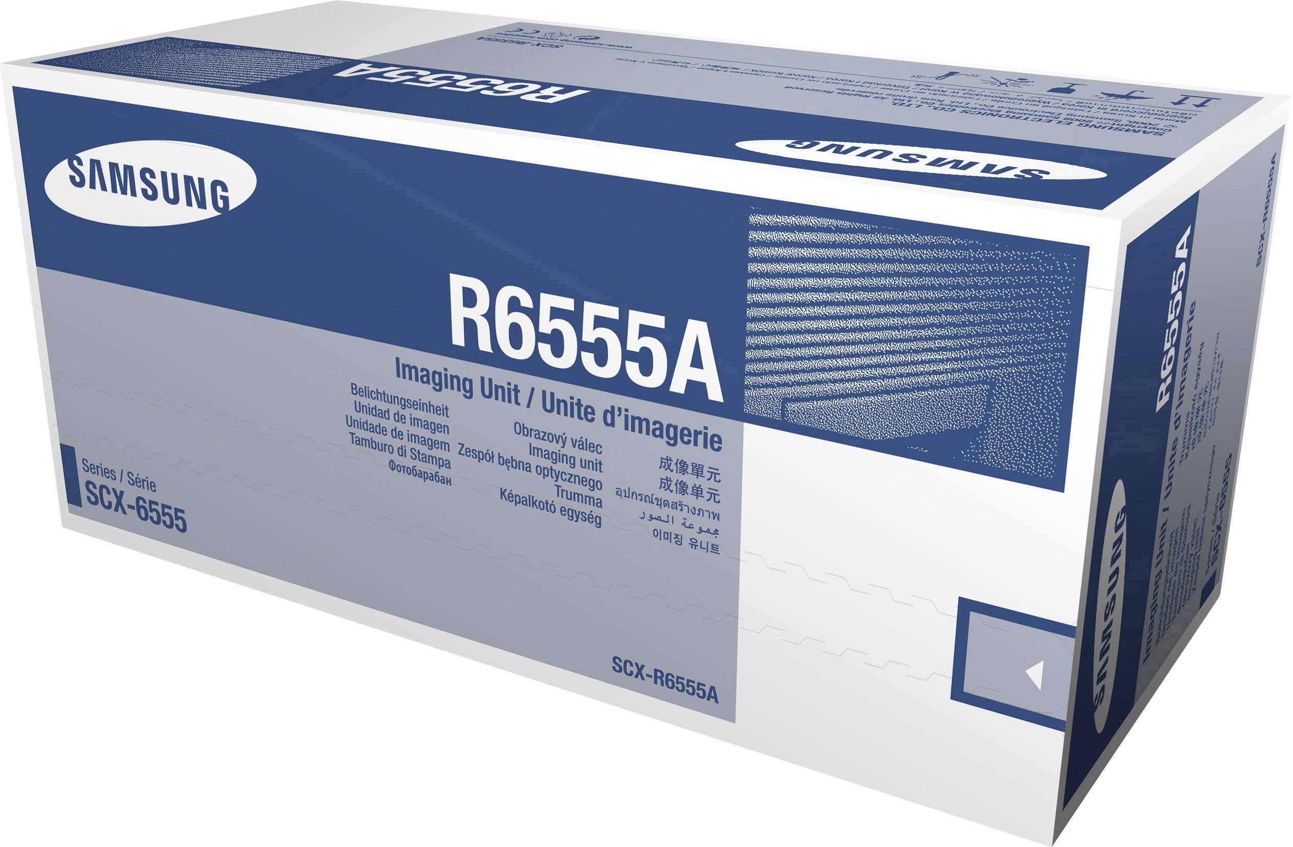 Eine blau-weiße Verpackung mit der Aufschrift 'Samsung R6555A Imaging Unit'.