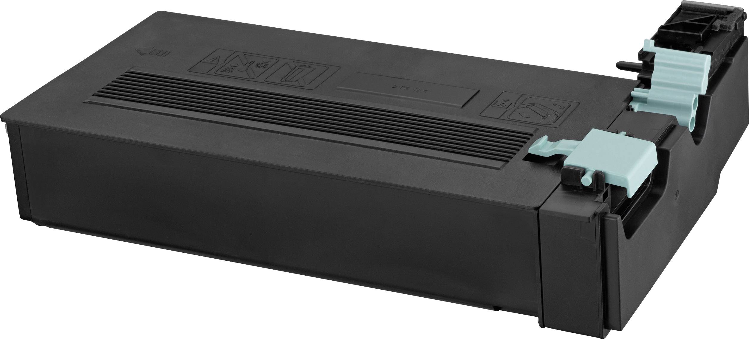 Schwarze Tonerkartusche mit türkisfarbenen Clips, geeignet für Laserdrucker.