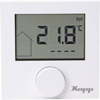 Ein weißer Raumthermostat zeigt 21,8 Grad Celsius an. Links ist ein Haus-Symbol, unten ist eine Reihe von vier Punkten.