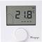 Ein weißer Raumthermostat zeigt 21,8 Grad Celsius an. Links ist ein Haus-Symbol, unten ist eine Reihe von vier Punkten.
