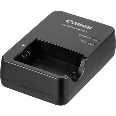 Ein schwarzes Canon Akkuladegerät mit zwei Anzeigeleuchten für 'CHARGE' und 'FULL'.