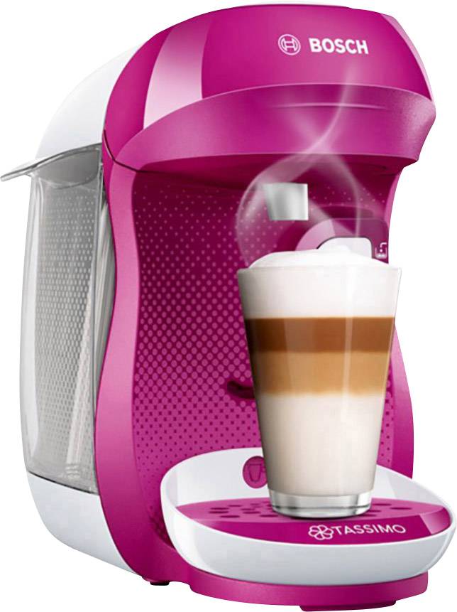Eine pink-weiße Bosch Tassimo Kaffeemaschine brüht eine Tasse Kaffee mit Schaum.