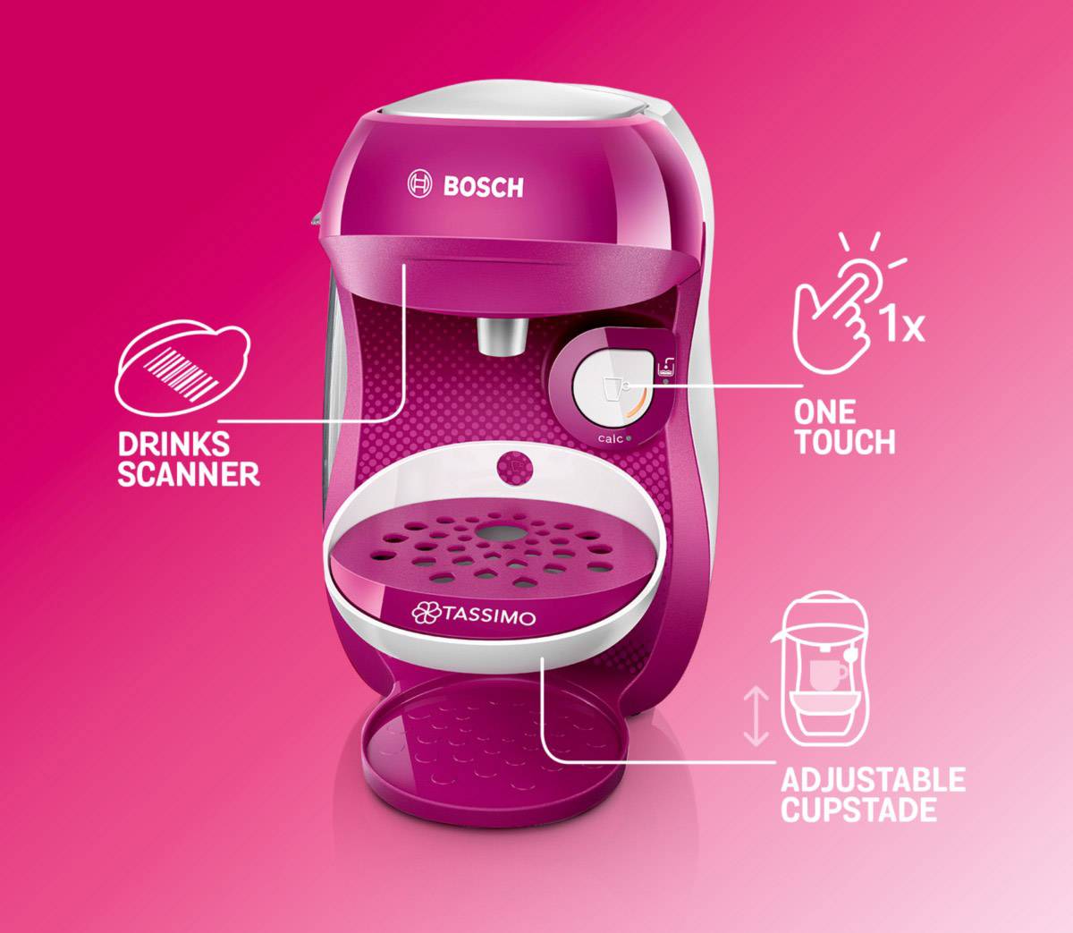Eine pinke Bosch Tassimo Kaffeemaschine mit Tassenplattform und Ein-Tasten-Steuerung. Markierungen zeigen Getränke-Scanner und verstellbare Tassenablage.