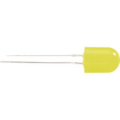 Eine gelbe LED-Diode mit zwei Anschlussdrähten, leuchtend in typischer Kapselbauform, liegend ausgerichtet.