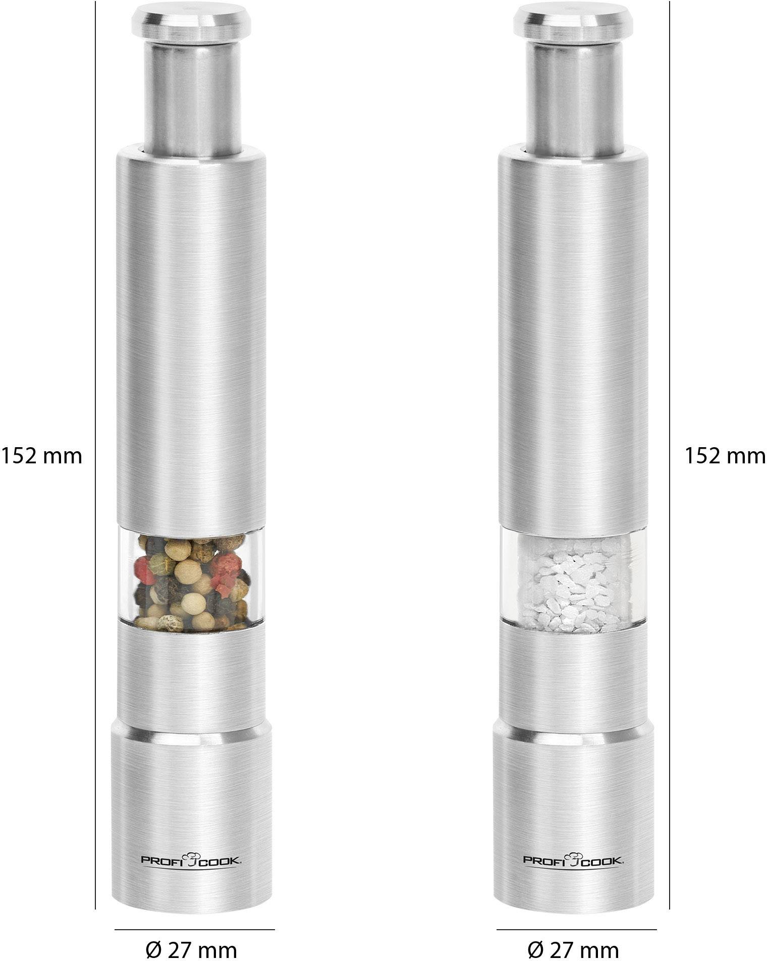 'Zwei Edelstahl-Gewürzmühlen, eine gefüllt mit Pfefferkörnern, die andere mit Salz, beide 152 mm hoch und 27 mm Durchmesser.'