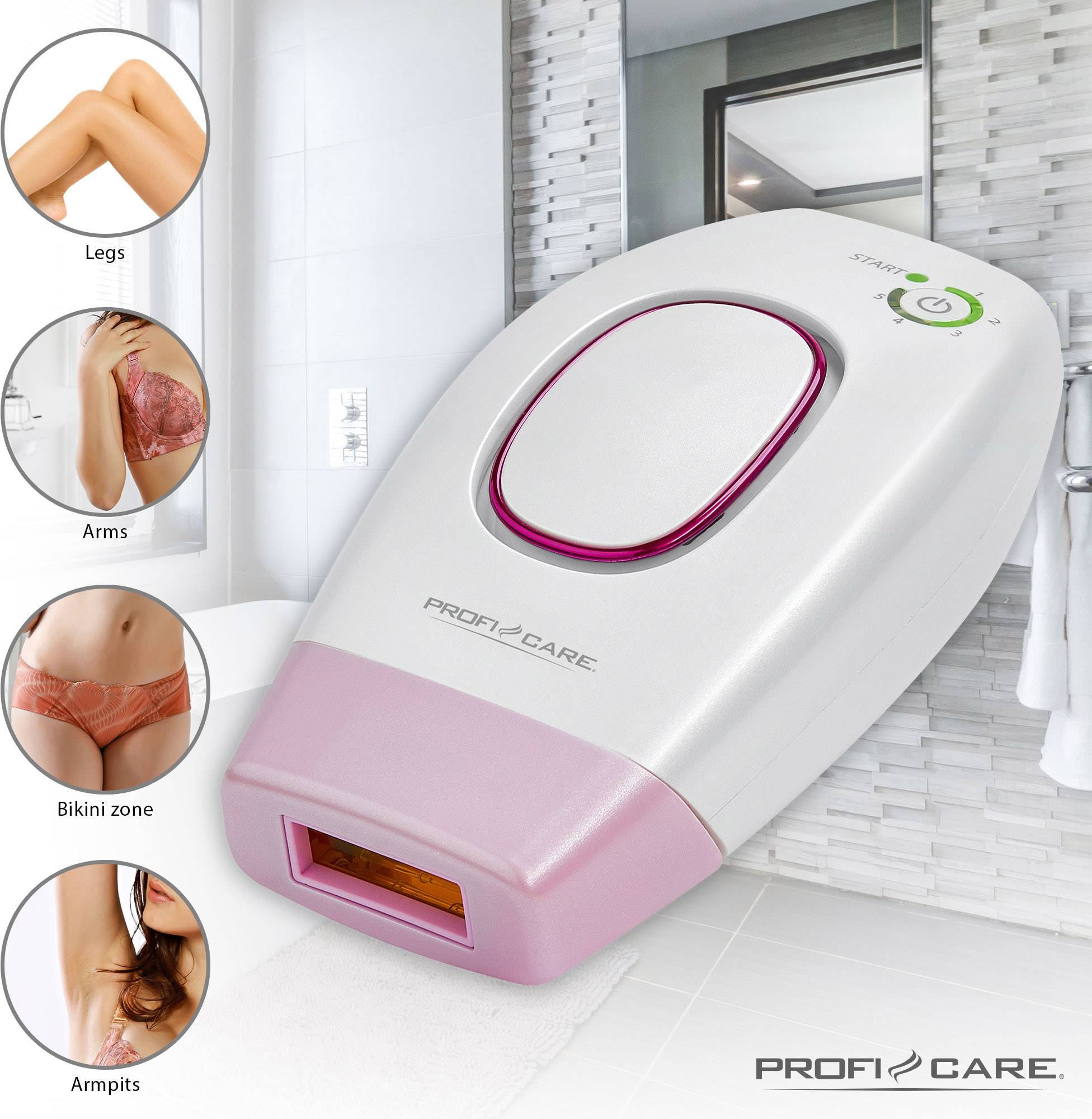 Ein IPL-Haarentfernungsgerät liegt in einem Badezimmer. Links sind Bilder mit beschrifteten Anwendungsbereichen: 'Beine', 'Arme', 'Bikinizone', 'Achseln'.