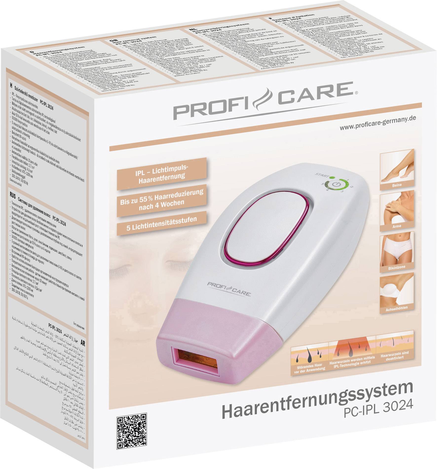 'Haarentfernungssystem Proficare PC-IPL 3024: IPL-Lichtimpulsgerät; reduziert Haarwuchs um 55% in 4 Wochen; 5 Lichtintensitätsstufen.'
