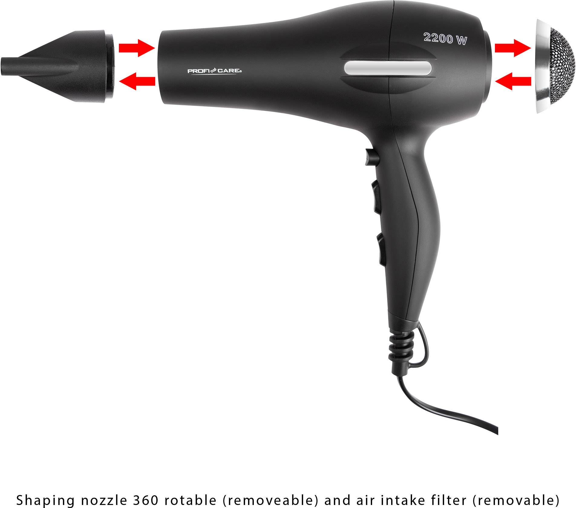 Schwarzer Haartrockner mit abnehmbarem Stylingdüse und Luftfilter. 2200 Watt, ergonomisches Design, betont mit roten Pfeilen.