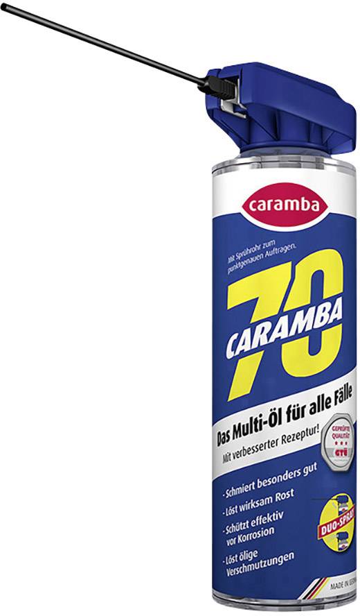 Metallsprayflasche mit blauer Kappe und Sprührohr. Aufschrift: 'Caramba 70, Das Multi-Öl für alle Fälle', beworben für Rostschutz.