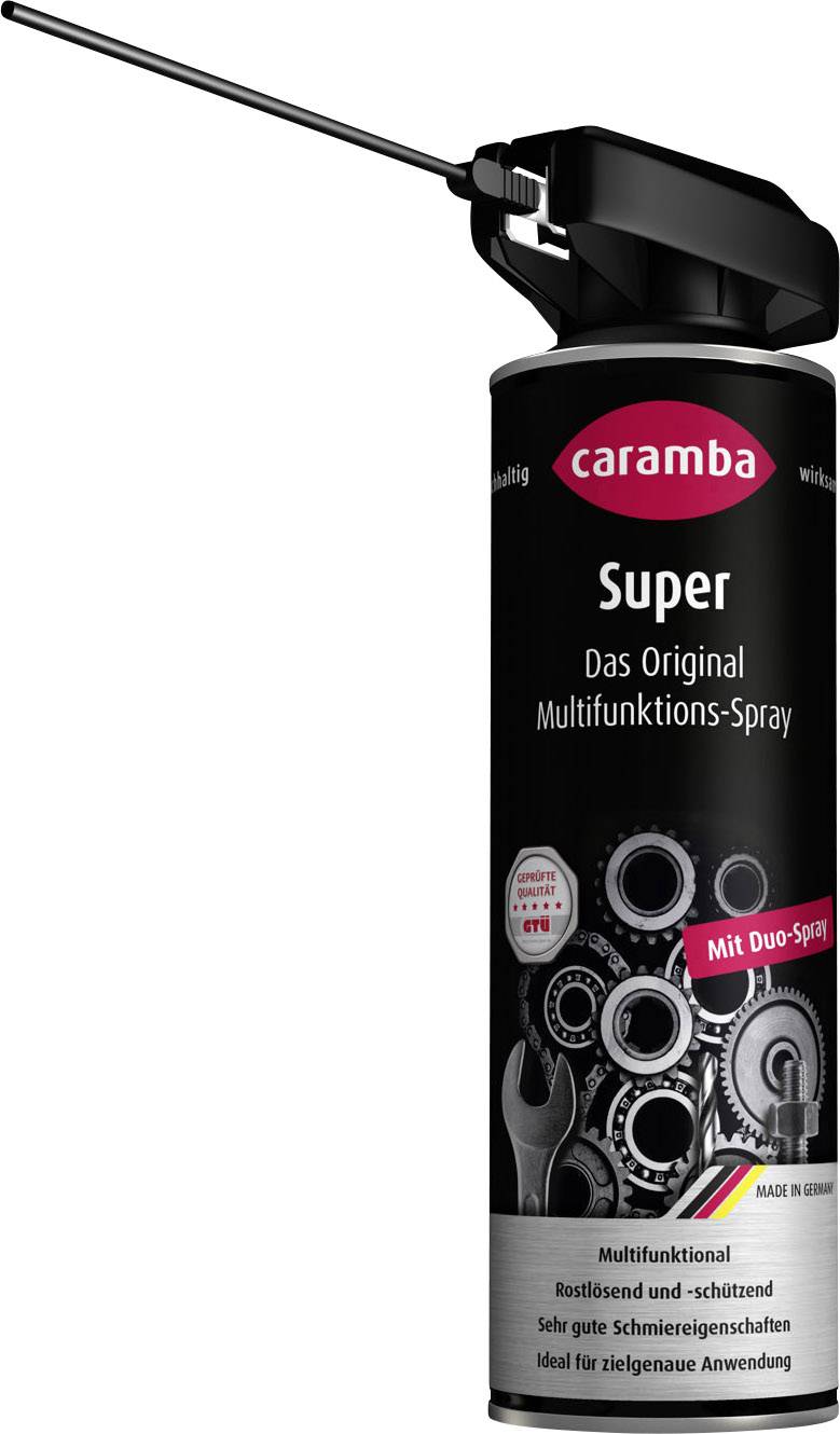 Eine schwarze Sprühdose von Caramba mit der Aufschrift 'Super Das Original Multifunktions-Spray', illustriert mit Zahnrädern und einer Zange.