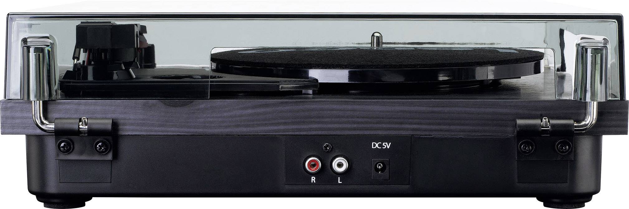 Schallplattenspieler mit transparenter Abdeckhaube. Rückseite zeigt Anschlüsse für Lautsprecher und Stromversorgung.