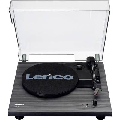 Ein Plattenspieler mit geöffnetem transparentem Deckel und grauer Oberfläche. Der Tonarm ist rechts positioniert. Auf der Matte steht 'Lenco'.
