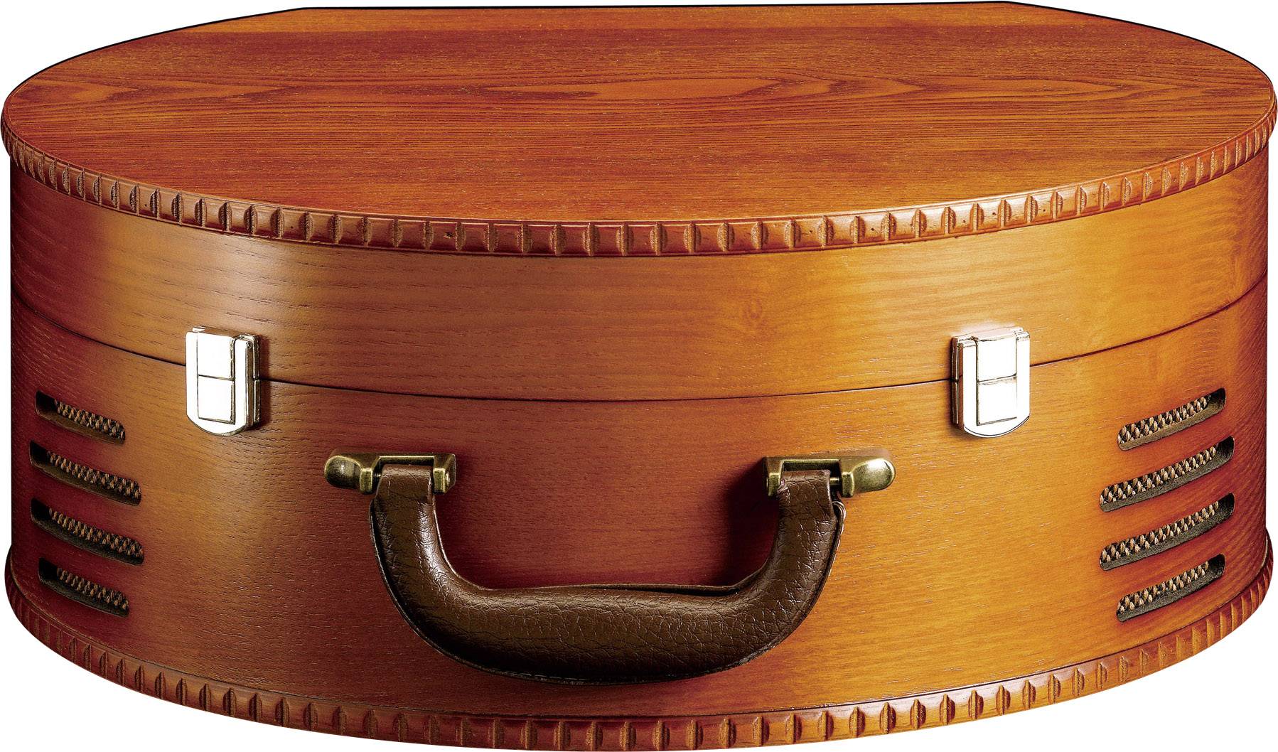 Ein hölzerner, ovaler Gitarrenkoffer mit geschnitzten Details und einem Ledergriff. Der Koffer hat silberne Schnallen.