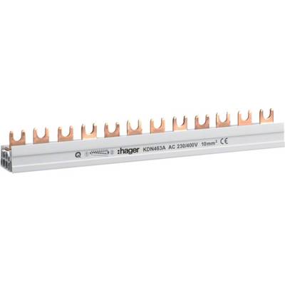 Ein Sammelschienen-System von Hager, Modell KDN465A, für AC 230/400V, 10 mm², mit Kupferklemmen zur elektrischen Verteilung.