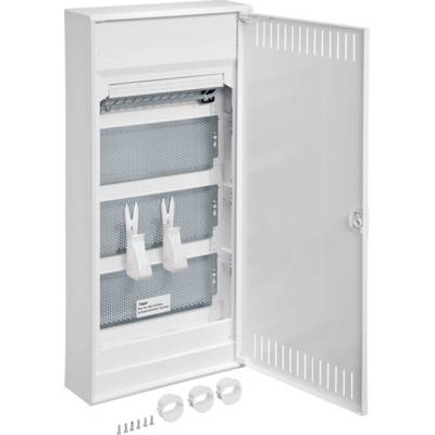 Ein geöffneter weißer Elektrikverteilerkasten mit mehreren Montageschienen und Zubehörteilen darunter.