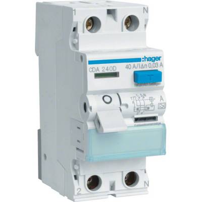 Ein weißer FI-Schutzschalter von Hager mit blauer Testtaste und der Beschriftung 'CDA 240D 40 A/40 mA', zur Absicherung elektrischer Stromkreise.
