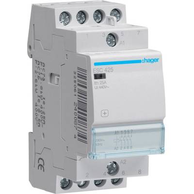 Ein elektrisches Schaltschütz mit Beschriftungen und Anschlüssen, verwendet zur Steuerung elektrischer Schaltkreise, Marke Hager.