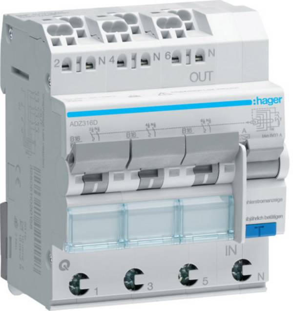 Hager ADZ316D Fehlerstrom-Schutzschalter 3phasig   3polig 16 A 0.03 A 230 V