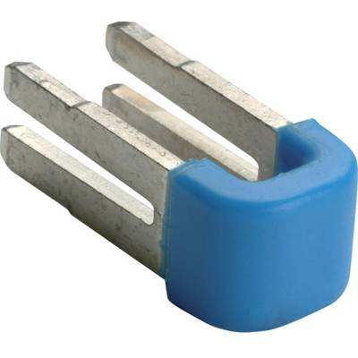 Blauer Jumper mit Metallpins, der für das Verbinden von Schaltkreisen auf Leiterplatten verwendet wird.