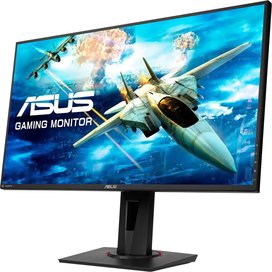 Ein Gaming-Monitor von ASUS zeigt ein dynamisches Flugsimulationsspiel mit einem Kampfjet in der Luft, Wolken und Explosionen im Hintergrund.