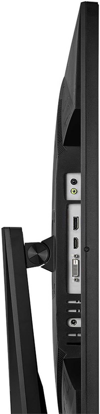 Seitenansicht eines Monitors mit mehreren Anschlüssen, darunter HDMI und DisplayPort. Der Monitor ist auf einem verstellbaren Ständer montiert.