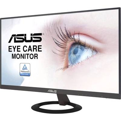 Asus-Monitor mit großem Fokus auf einem Auge und Text 'Eye Care Monitor', TÜV Rheinland Logo für augenschonende Technologie.