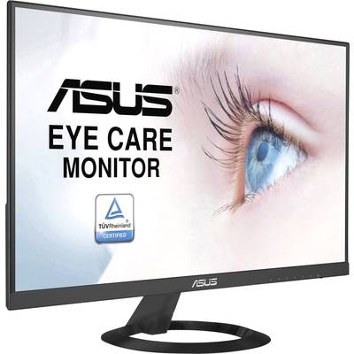 'ASUS Eye Care Monitor' mit TÜV Rheinland Zertifizierung. Nahaufnahme eines Auges auf dem Bildschirm, Monitor mit schwarzem Standfuß.