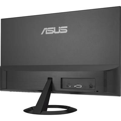Rückansicht eines schwarzen Computermonitors. Er verfügt über HDMI- und VGA-Anschlüsse.