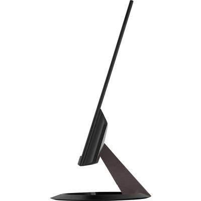 Ein ultraschlanker Computerbildschirm im Seitenprofil, montiert auf einem eleganten, modernen Standfuß.
