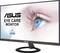 Ein Monitor von ASUS mit der Aufschrift 'Eye Care Monitor' und einem Symbol für TUV Rheinland zertifiziert. Nahaufnahme eines Auges.