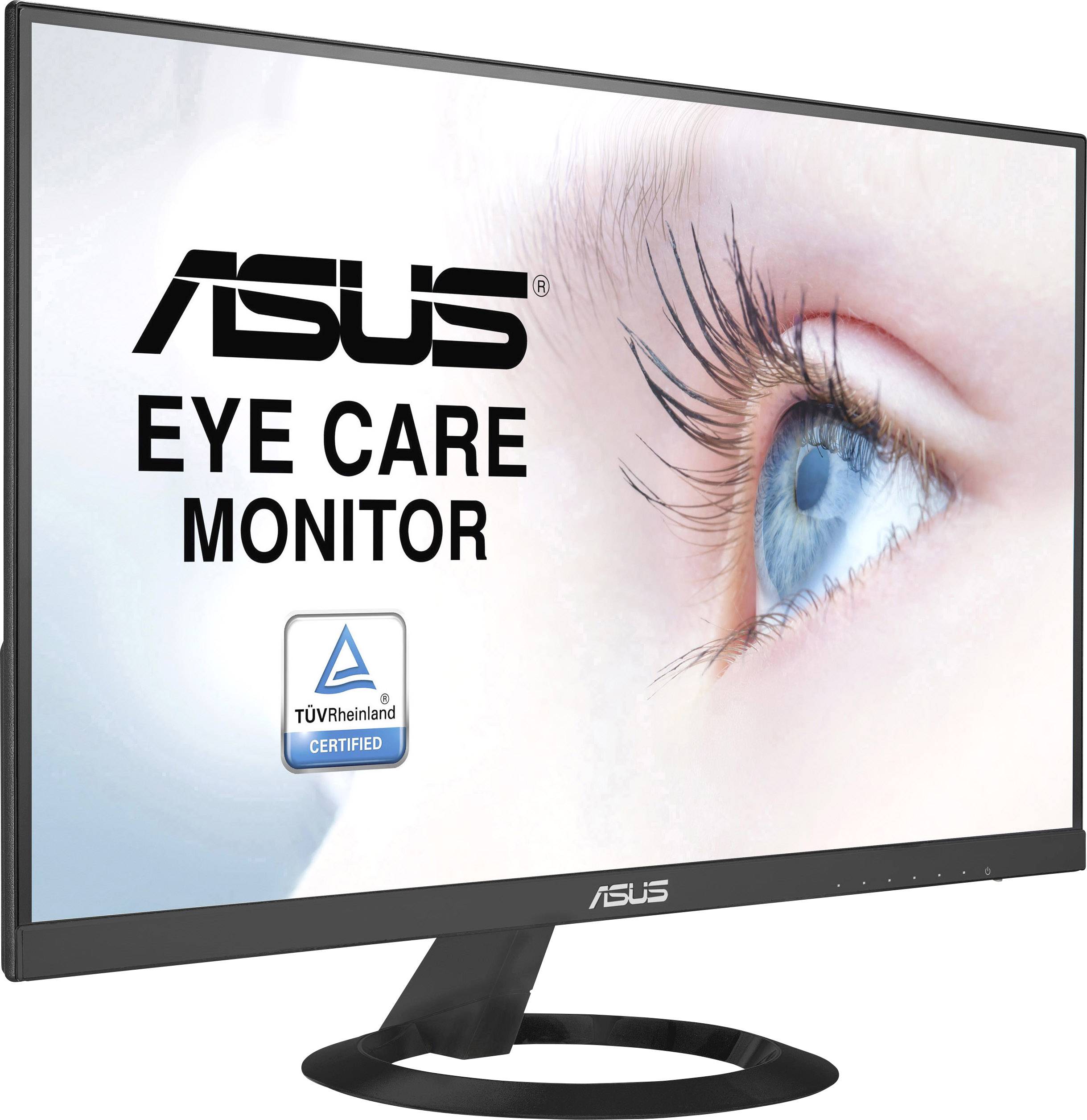 Asus-Monitor mit 'Eye Care'-Technologie-Logo und TÜV Rheinland-Zertifizierung für augenfreundliches Display.