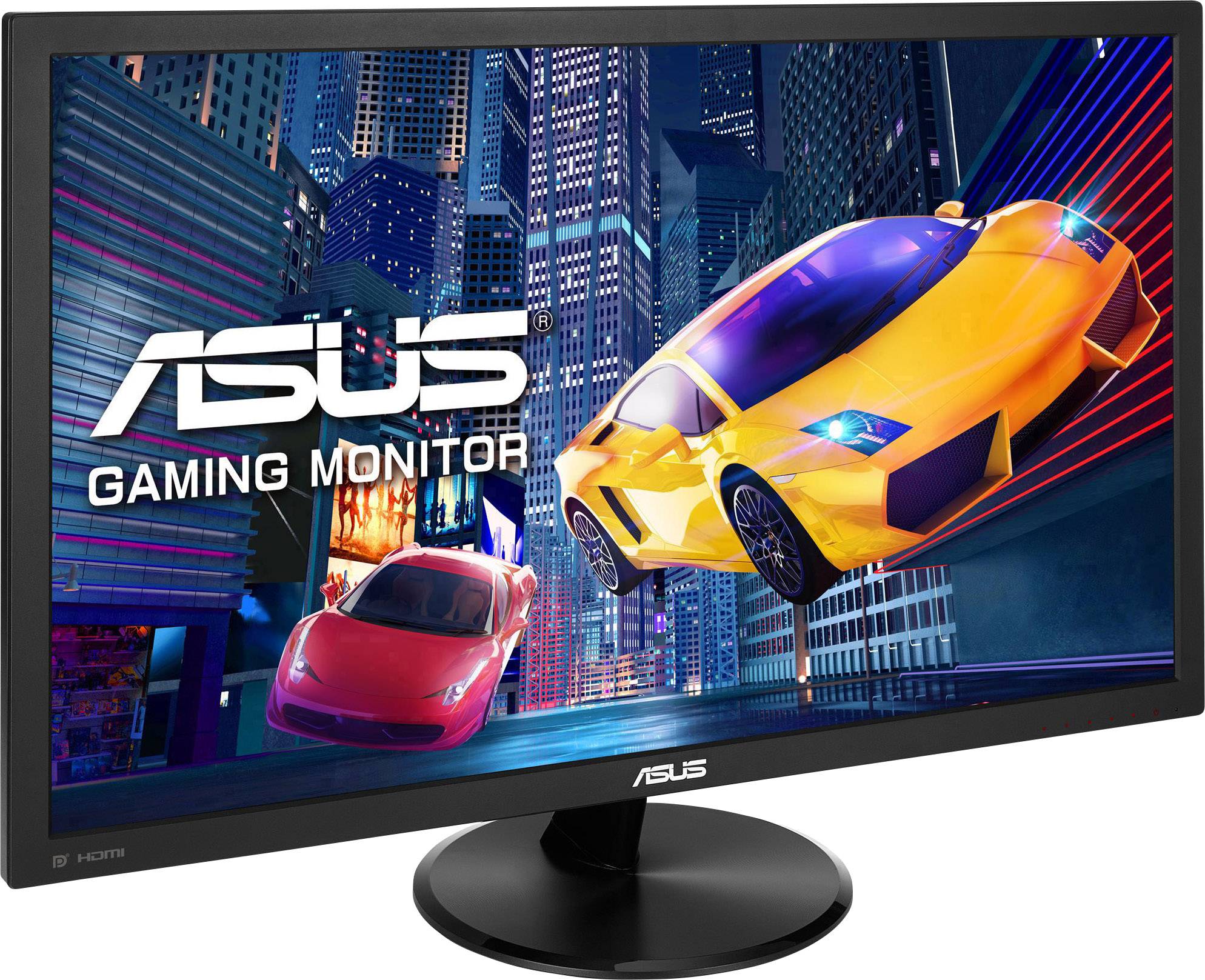 Ein Bildschirm zeigt einen Asus Gaming-Monitor mit Rennwagen; Stadtlandschaft im Hintergrund vermittelt ein Gefühl von Geschwindigkeit.