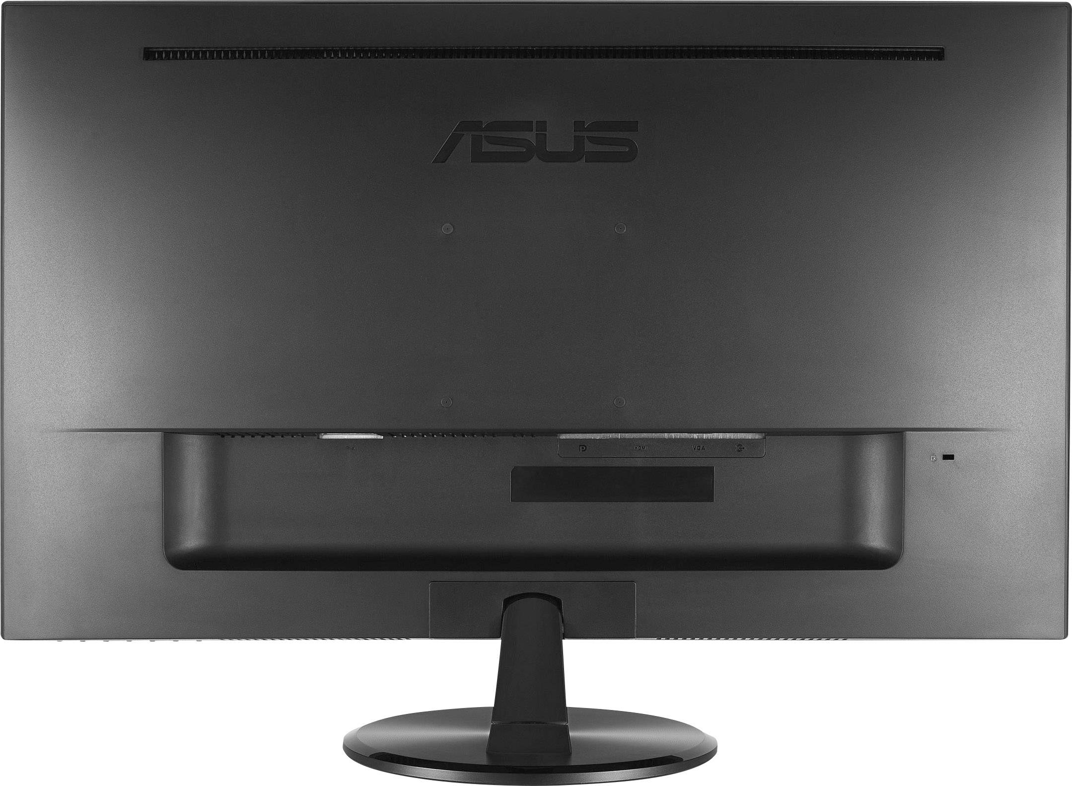 Rückansicht eines schwarzen ASUS-Monitors mit einfachem Standfuß.