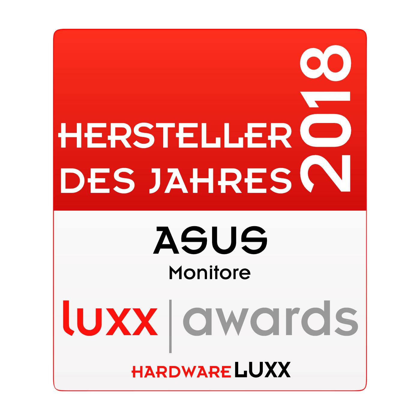 'Hersteller des Jahres 2018: ASUS Monitore' von HardwareLUXX Awards.