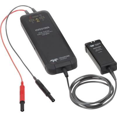 Ein differenzieller Hochspannungs-Tastkopf mit Kabeln und Anschlüssen. Text auf dem Tastkopf: 'HVD3106A' und 'Teledyne LeCroy'.