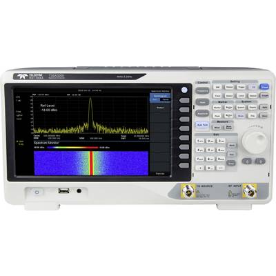 Ein Spektrumanalysator mit einem Bildschirm, der eine frequenzabhängige Signalstärke darstellt. Bedienelemente befinden sich rechts.