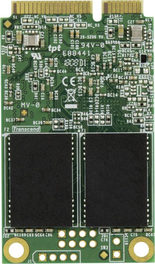 Eine grüne Speicherchip-Platine mit verschiedenen elektronischen Komponenten und Anschlüssen. Oben befindet sich ein goldener Stecker.