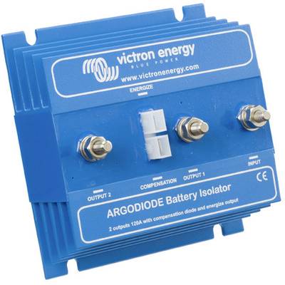 Blaues Argodiode-Batterie-Isolator-Gerät von Victron Energy mit zwei Ausgängen und Kompensationsdiode, 'Blue Power' Logo oben.